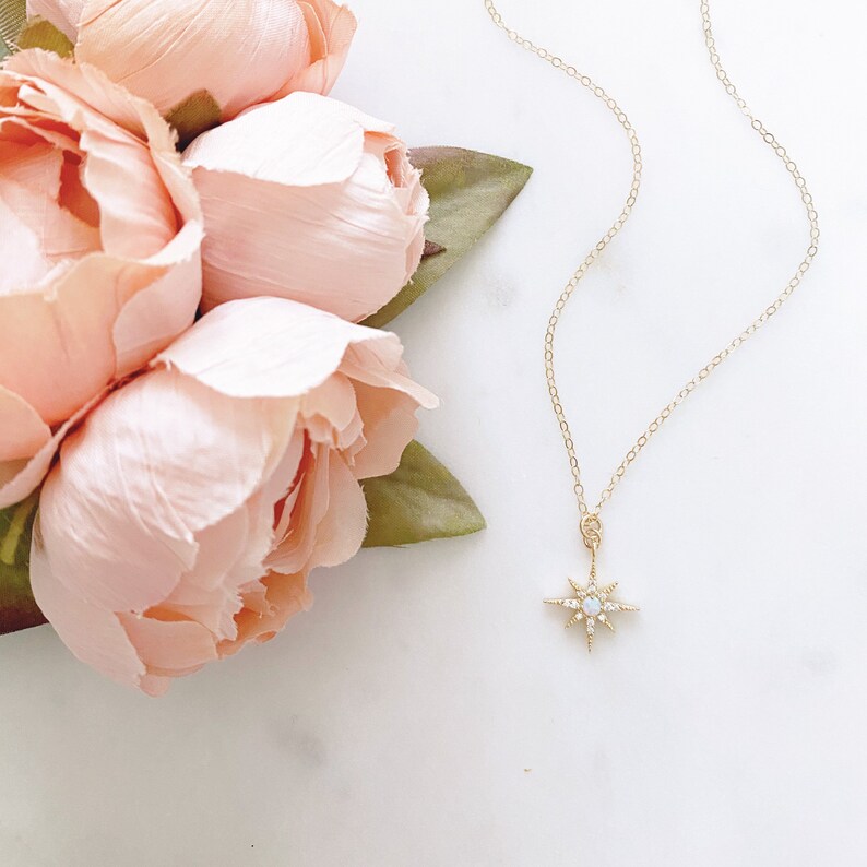 May include: A gold necklace featuring a starburst pendant with a central round stone and small clear stones set along the points. The delicate gold chain is attached to the pendant, which is positioned next to a cluster of light pink peony flowers.