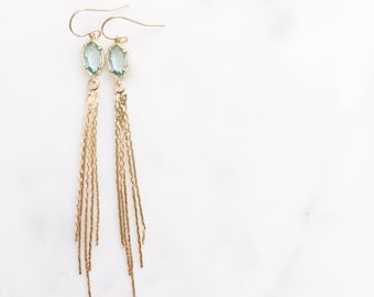 TALIA | Gold Tassel Earrings | Long Gold Tassel Earrings | Sea Green Stone + Tassel Earrings | Gold Dangle Tassel Earrings | Stone + Tassel
