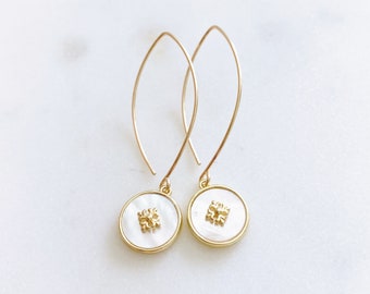 Mother Of Pearl Earrings, Fleur De Lis Earrings, Disc Earrings, Anniversary Gift for Wife, GRACE