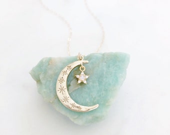 Star Moon Necklace, Crescent Moon Necklace, Opal Necklace, Star Necklace, Dainty Gold Necklace, Best Friend Birthday Gift, Aurora