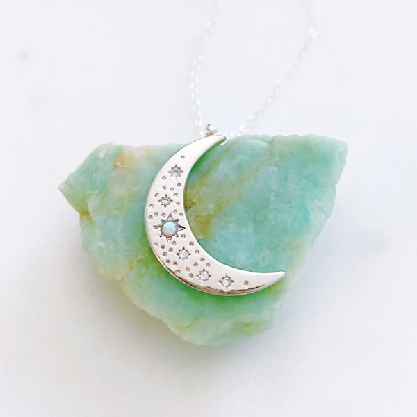 Moon Necklace, Opal Necklace, Sterling Silver Necklace, College Graduation Gift for Her, Estelle