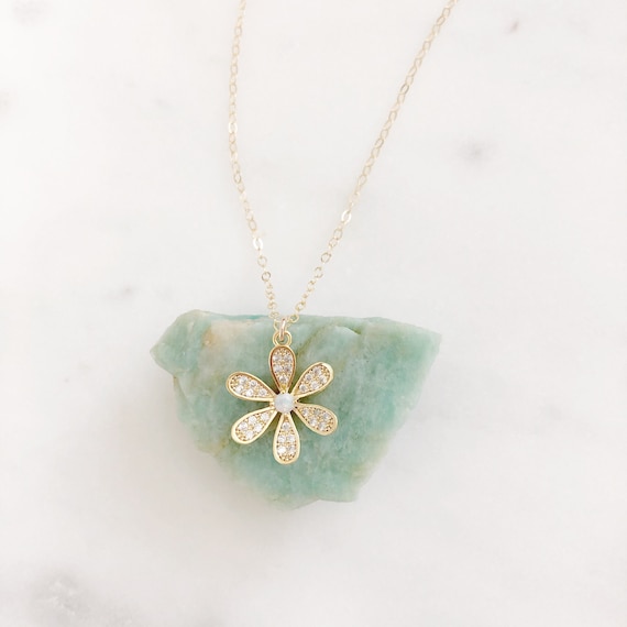 Daisy Necklace Opal Necklace Gold Flower Necklace Dainty Gold