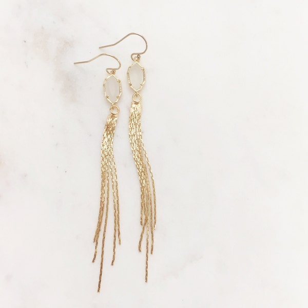 TALIA | Gold Tassel Earrings | Long Gold Tassel + Milky White Stone Earrings | Gold Waterfall Earrings | Gold Dangle Tassel  Earrings