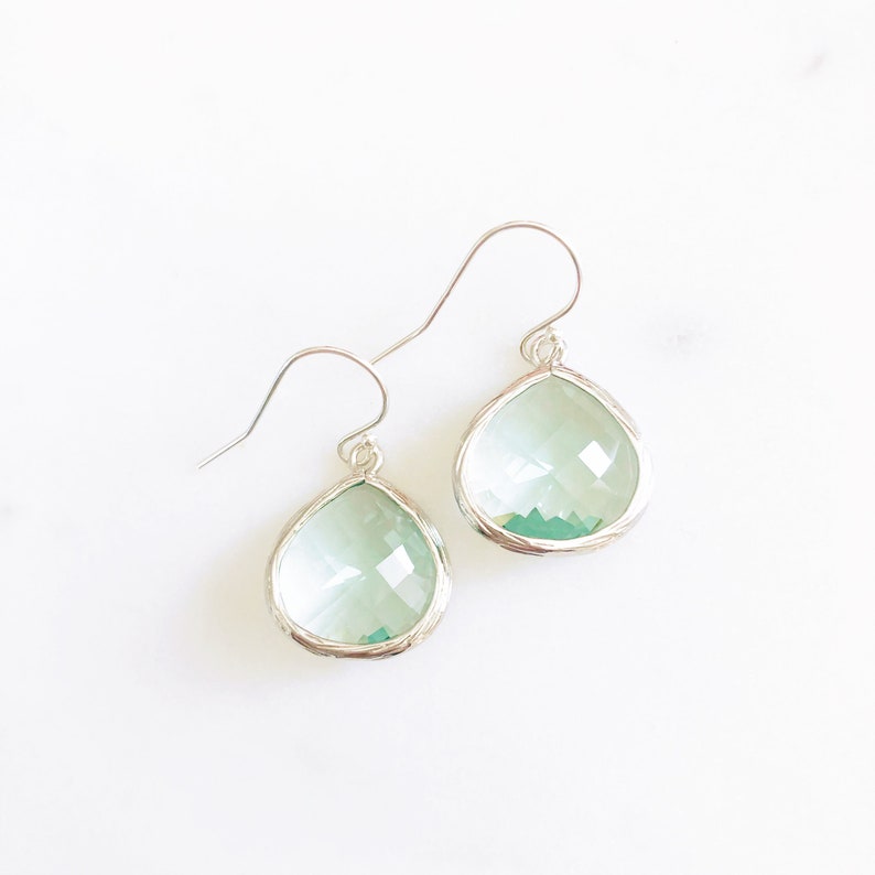 MOLLY Silver Sea Green Faceted Glass Drop Earrings Sea Green Drops Aqua Drop Earrings Silver Erinite Faceted Glass Drops