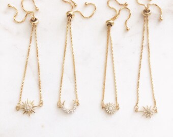 Celestial Bracelet, Bolo Bracelet, Star Bracelet, Moon Bracelet, Celestial Jewelry, 21st Birthday Gift for Her