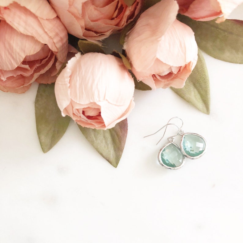 MOLLY Silver Sea Green Faceted Glass Drop Earrings Sea Green Drops Aqua Drop Earrings Silver Erinite Faceted Glass Drops
