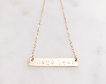 Mama Bear Necklace, Mom Gift, Gold Filled Bar Necklace, Mothers Day Gift, New Mom Necklace, New Mom Jewelry, Dainty Gold Bar Necklace