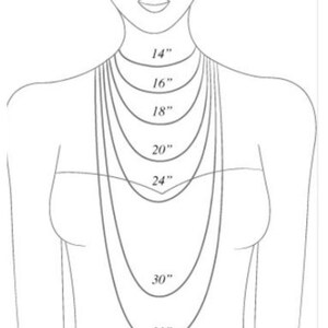 May include: A black and white line drawing showing a torso with seven concentric necklace chains. Each chain is labeled with its length in inches: 14, 16, 18, 20, 24, 30, and 33 inches, illustrating how different chain lengths sit on the neck and chest.