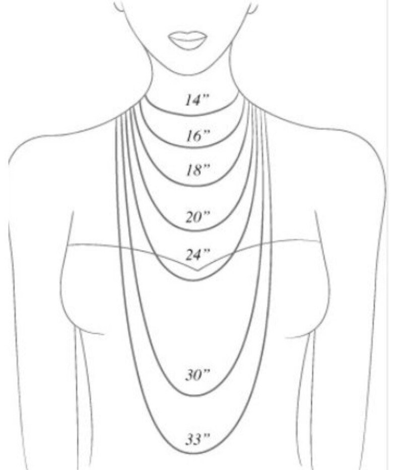May include: A black and white line drawing showing a torso with seven concentric necklace chains. Each chain is labeled with its length in inches: 14, 16, 18, 20, 24, 30, and 33 inches, illustrating how different chain lengths sit on the neck and chest.