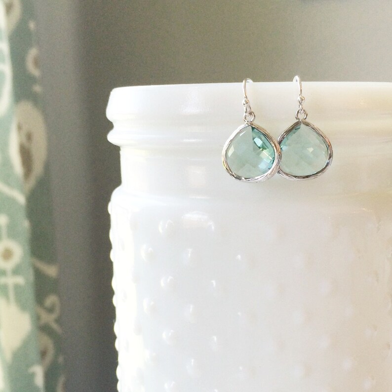 MOLLY Silver Sea Green Faceted Glass Drop Earrings Sea Green Drops Aqua Drop Earrings Silver Erinite Faceted Glass Drops