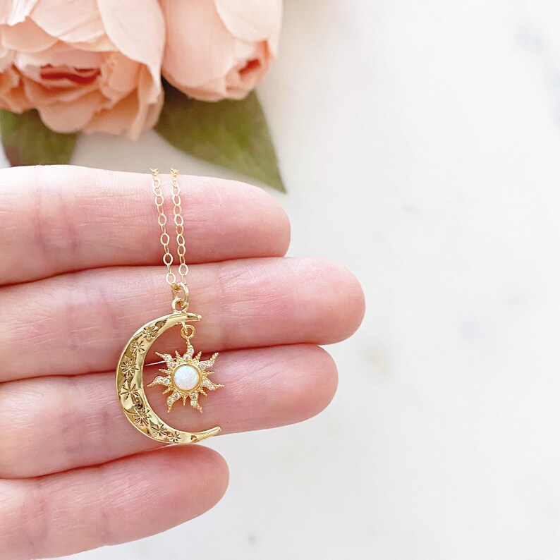 Sun and Moon Necklace Opal Necklace Moon Necklace Dainty Etsy