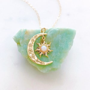 Sun and Moon Necklace, Opal Necklace, Moon Necklace, Dainty Gold Necklace, Best Friend Birthday Gift, Aurora