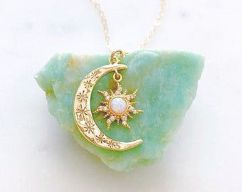 Sun and Moon Necklace, Opal Necklace, Moon Necklace, Dainty Gold Necklace, Best Friend Birthday Gift, Aurora