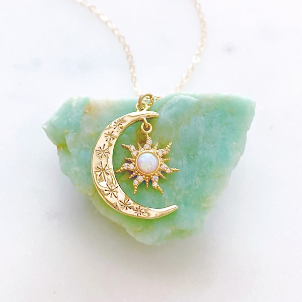 Sun and Moon Necklace, Opal Necklace, Moon Necklace, Dainty Gold Necklace, Best Friend Birthday Gift, Aurora