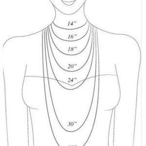 K&ouml;nnte beinhalten: Ein Diagramm, das verschiedene Halskettenl&auml;ngen an einem Modell zeigt. Die L&auml;ngen sind 14 Zoll, 16 Zoll, 18 Zoll, 20 Zoll, 24 Zoll, 30 Zoll und 33 Zoll.