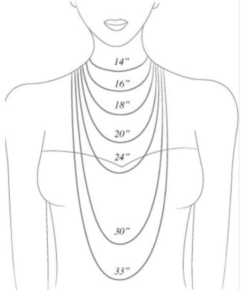 K&ouml;nnte beinhalten: Ein Diagramm, das verschiedene Halskettenl&auml;ngen an einem Modell zeigt. Die L&auml;ngen sind 14 Zoll, 16 Zoll, 18 Zoll, 20 Zoll, 24 Zoll, 30 Zoll und 33 Zoll.