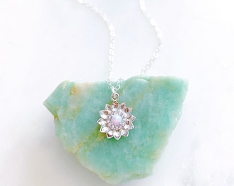 Sunflower Necklace, Opal Necklace, Flower Girl Necklace, SUMMER