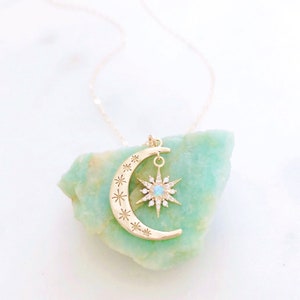 Moon Necklace, Crescent Moon Necklace, Opal Moon Necklace, Opal Necklace, Star Necklace, Dainty Gold Necklace, Star Moon Necklace, Aurora