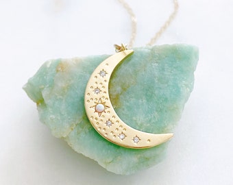 Crescent Moon Necklace, Moon Necklace, Opal Necklace, Celestial Jewelry, Best Friend Birthday Gifts, ESTELLE