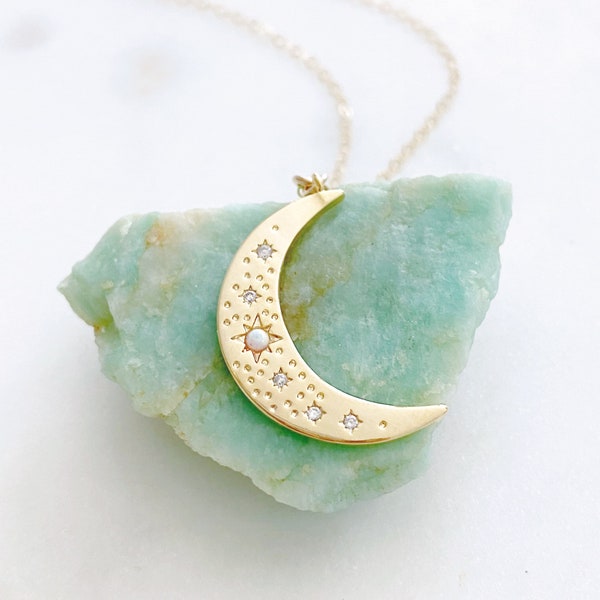 Crescent Moon Necklace, Moon Necklace, Opal Necklace, Celestial Jewelry, High School Graduation Gift for Her, ESTELLE