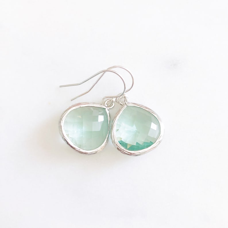 MOLLY Silver Sea Green Faceted Glass Drop Earrings Sea Green Drops Aqua Drop Earrings Silver Erinite Faceted Glass Drops