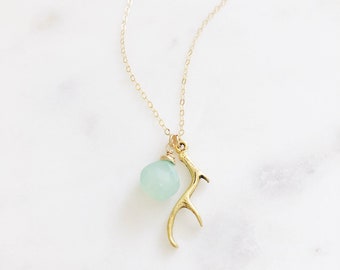 Gold Antler Necklace, Aqua Chalcedony Necklace, Stone Necklace, Dainty Gold Necklace, Boho Necklace, Gold Minimalist Necklace, LAUREN