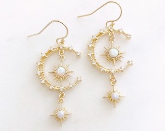 Star and Moon Earrings, Opal Earrings, Celestial Earrings, Lunar
