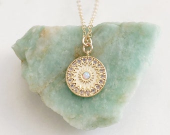 Opal Necklace, Gold Disc Necklace, Coin Necklace, 21st Birthday Gift for Her, INDIA