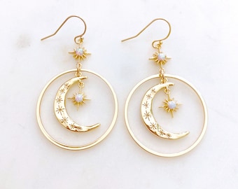 Star and Moon Earrings, Opal Earrings, Celestial Earrings, Eclipse