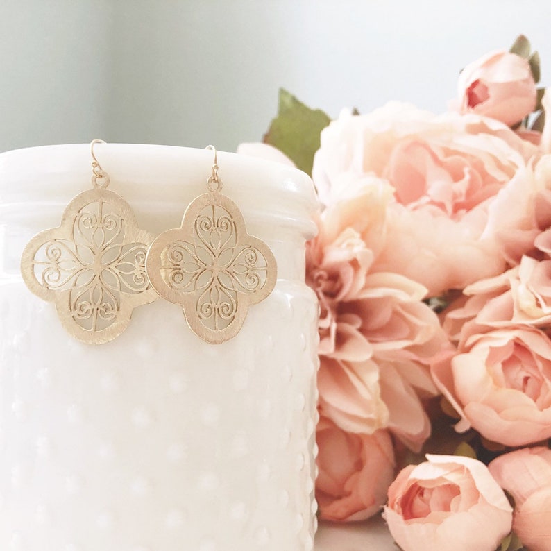 Gold Flower Earrings - Boho Statement Double Flower Dangle Earrings