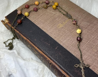 Vintage Crucifix Rosary Necklace: Ombré Mookaite Beads, Antiqued Bronze (SP-77)
