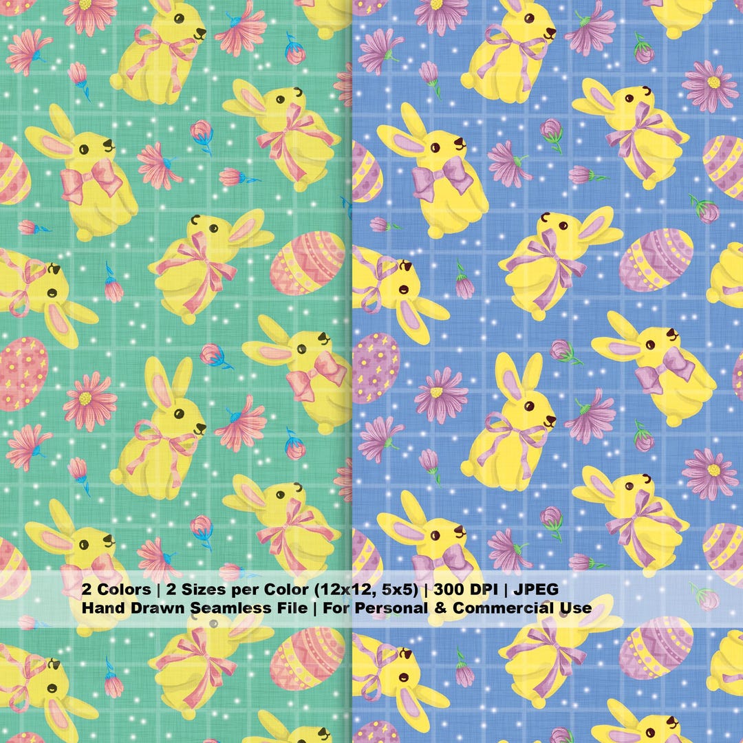 Easter Bunny Seamless Pattern in Hand Drawn Gouache Style JPEG Digital ...