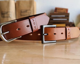 Personalized Handmade Leather Belt Custom Made In USA Monogrammed, Vegetable Tanned Leather, Stamped Initials, Multiple Colors