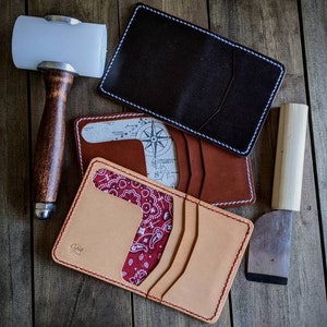 Cartera de cuero curtido vegetal hecha a mano Lona forrada Marrón / Natural / Marrón oscuro Cartera de tarjeta delgada cosida a mano