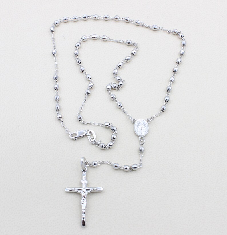 14k Solid White Gold Rosary Necklace Chain Diamond Cut Beads Etsy