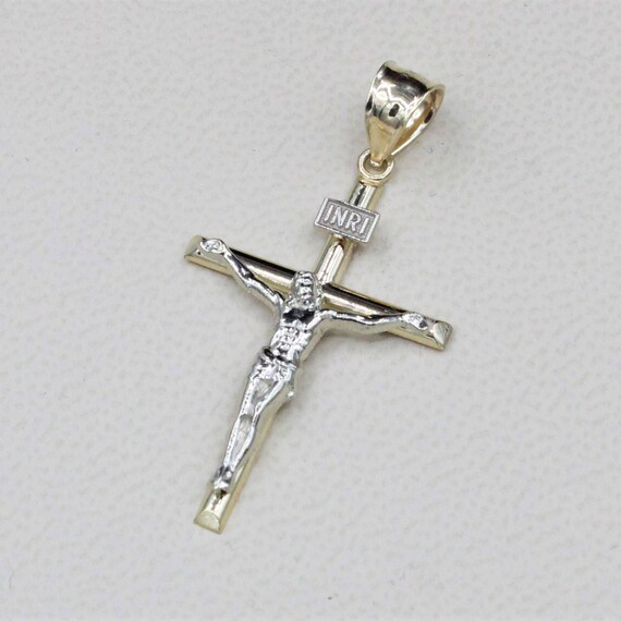 14k Two Tone Gold Diamond Cut Cross Jesus Crusifix Hand Made Charm Pendant