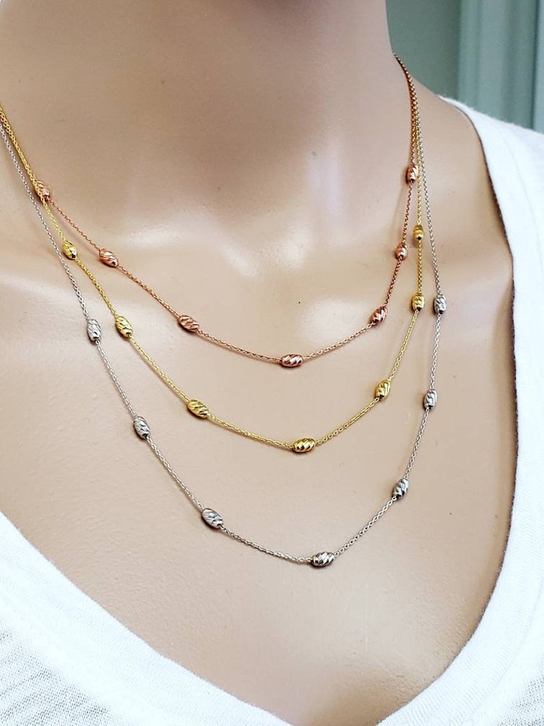 14k solid gold women necklace three oval beaded strands yellow white rose gold 18