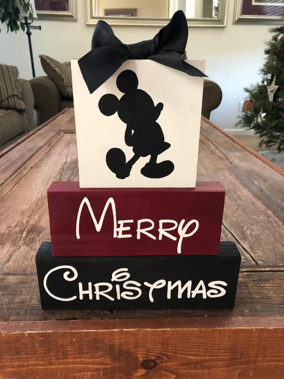 Disney Christmas Mickey Disney Themed Wood Block Set Merry Etsy