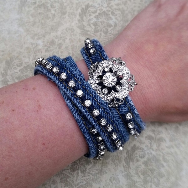 Denim bracelet, recycled jeans, upcycled jewelry, rhinestone bangle