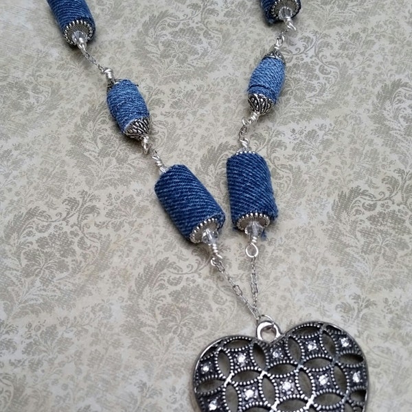 Denim necklace, recycled jeans, upcycled jewelry, eco friendly, statement necklace, gift for her, Mother's Day