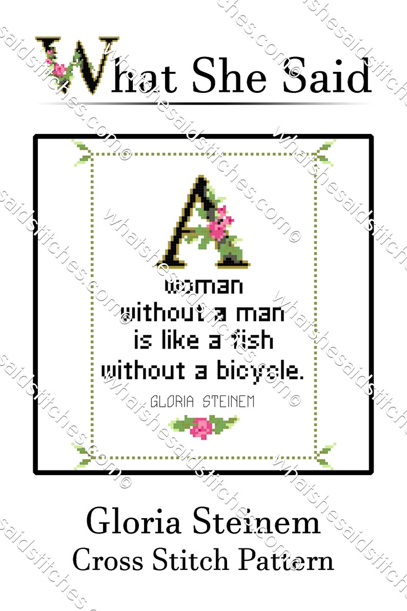 Gloria Steinem Quote Easy Cross Stitch Pattern PDF: A Woman Without A Man Is Like A Fish Without A Bicycle. Mother's Day, Birthday, Office image 2