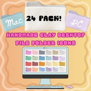 Könnte beinhalten: Handgemachte Desktop-Dateifordner-Symbole aus Ton. Das Bild zeigt einen Computermonitor mit farbenfrohen Dateifordner-Symbolen. Es gibt auch drei Ton-Dateifordner mit den Aufschriften "Mac", "24 PACK!" und "PC". Der Hintergrund ist hellorange.