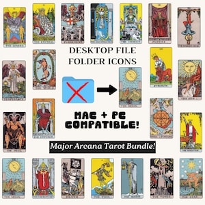 May include: A collection of Major Arcana tarot card images, including The Lovers, The Empress, and The World. The image also features desktop file folder icons and text that reads "Desktop File Folder Icons" and "Mac + PC Compatible!"