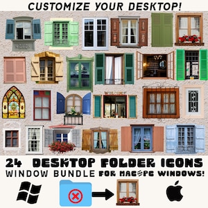 Puede incluir: Un conjunto de 24 iconos de carpeta de escritorio con varios diseños de ventanas con contraventanas y jardineras. El texto dice "CUSTOMIZE YOUR DESKTOP!" y "24 DESKTOP FOLDER ICONS WINDOW BUNDLE FOR MAC PC WINDOWS!"