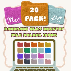 May include: A computer screen displays a collection of colorful, handmade clay desktop file folder icons. The image includes the text "20 PACK!" and "Mac" and "PC". The icons are in various colors, including red, orange, yellow, green, blue, purple, and gray.