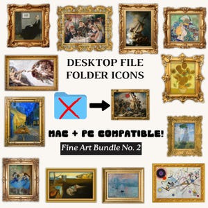 Könnte beinhalten: Eine Sammlung gerahmter Gemälde, darunter berühmte Werke wie Van Goghs Sonnenblumen und Monets Seerosen, wird gezeigt. Das Bild zeigt auch ein blaues Ordnersymbol mit einem roten X und den Text "DESKTOP FILE FOLDER ICONS".