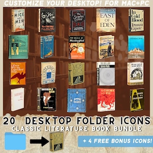 Può includere: Una collezione di 20 icone di cartelle per desktop con copertine di libri di letteratura classica, tra cui "Moby Dick" e "The Great Gatsby". L'immagine include il testo "Customize Your Desktop!" e "Classic Literature Book Bundle."