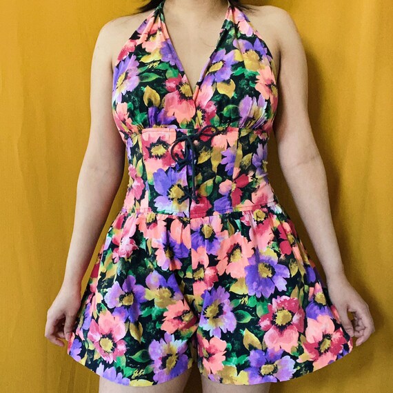 Vintage 80s Floral halter neck romper