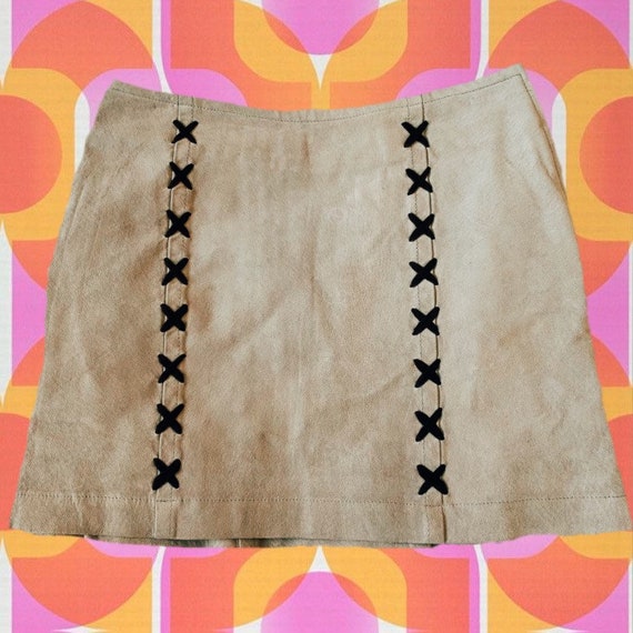 Vintage 90s does 60s Tan Suede Mini Skirt with Lac