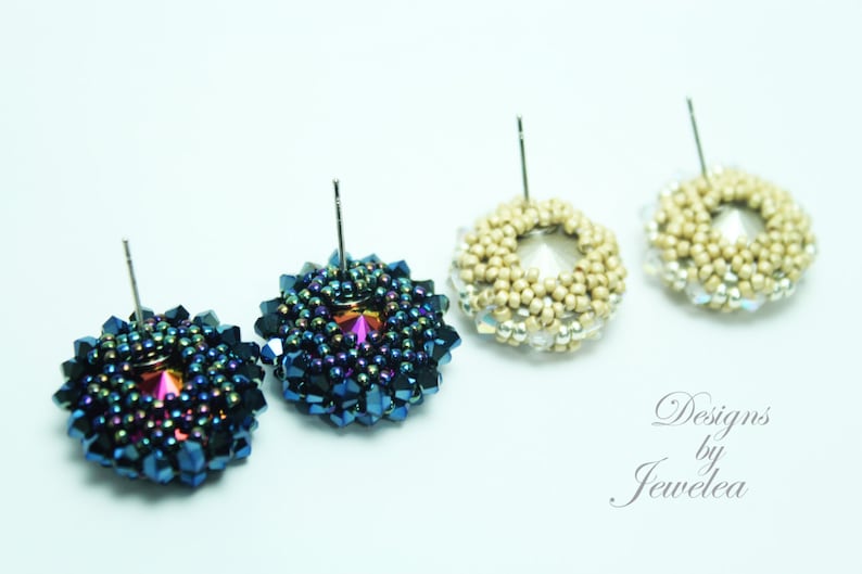 Buy 1 get 1 FREE Shiny Avior Blue and Crystal Clear Beaded Stud/Post Earrings Jewellery Tutorial using Swarovski Rivoli,Bicones&Seed Beads image 4